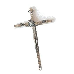 Vintage Jesus on Cross Crucifix Pendant, Silver Tone INRI Italy 2.25"